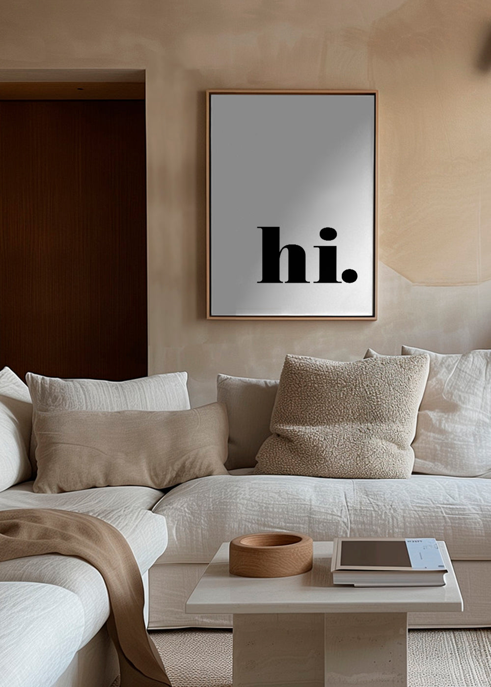 Minimalistisk design med 'hi.' i nedre hörnet