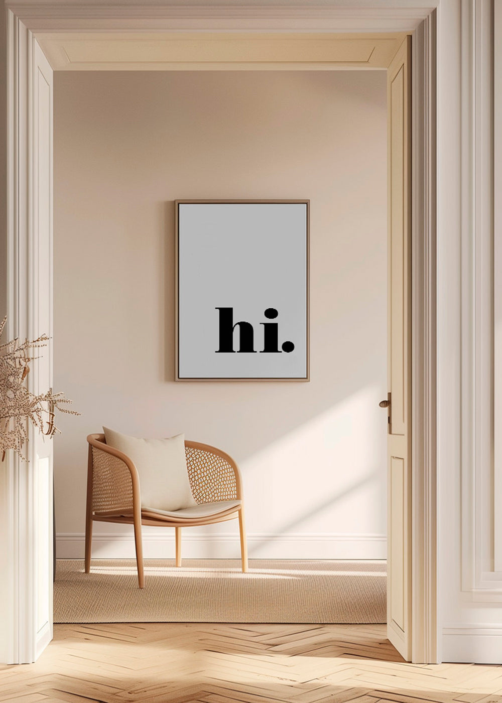Minimalistisk design med 'hi.' i nedre hörnet