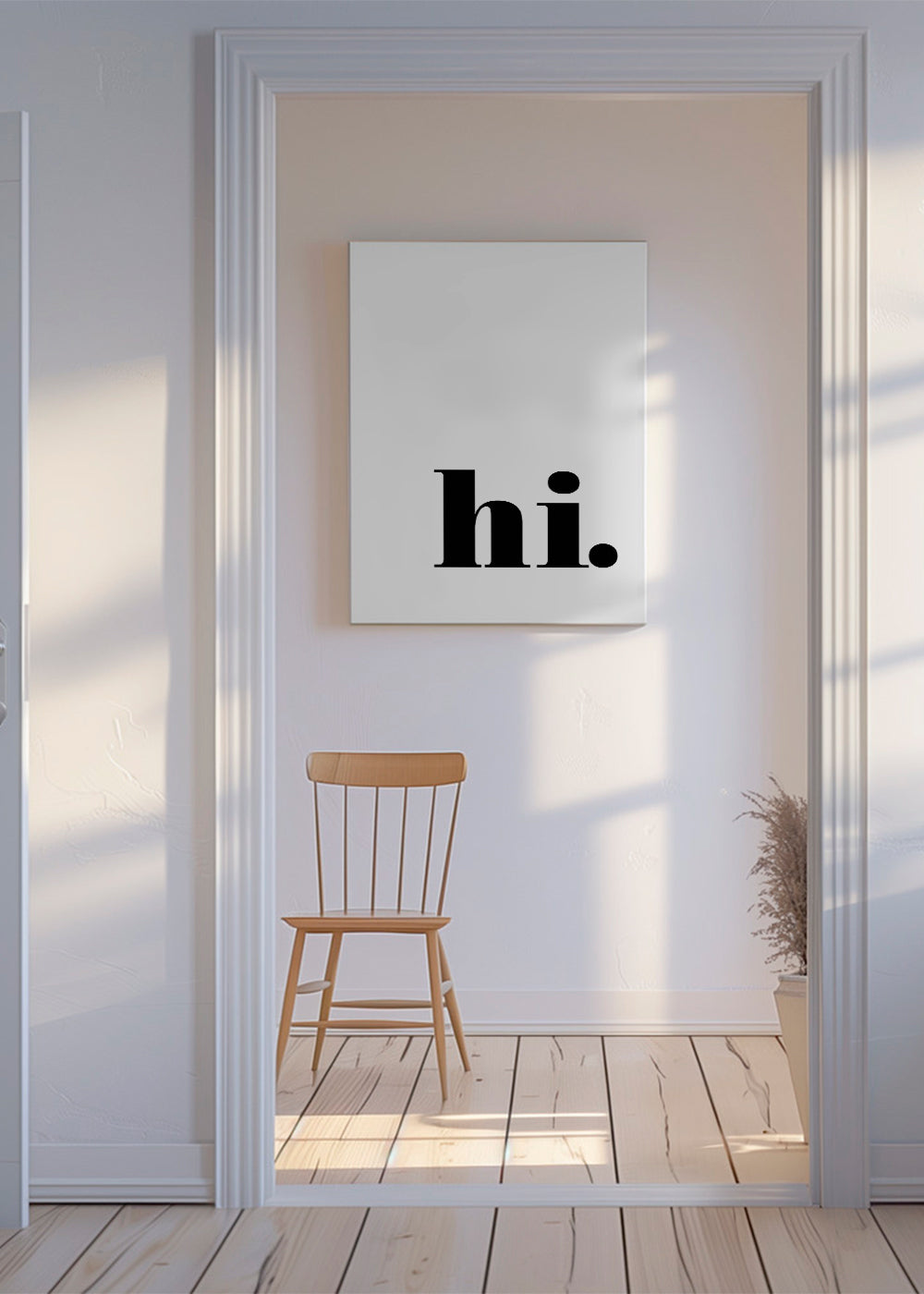 Minimalistisk design med 'hi.' i nedre hörnet