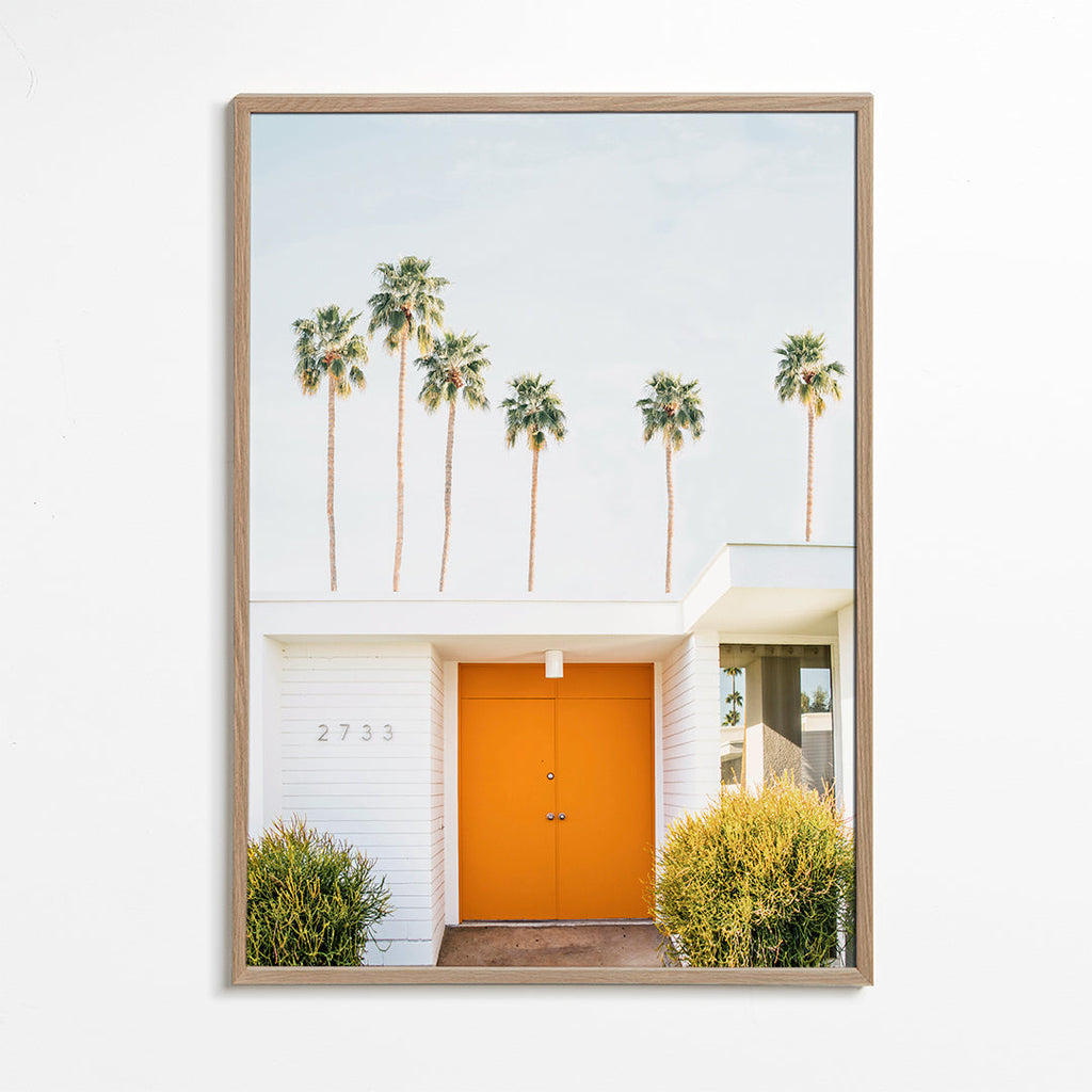 Minimalfotografi: orange dörr med palmer