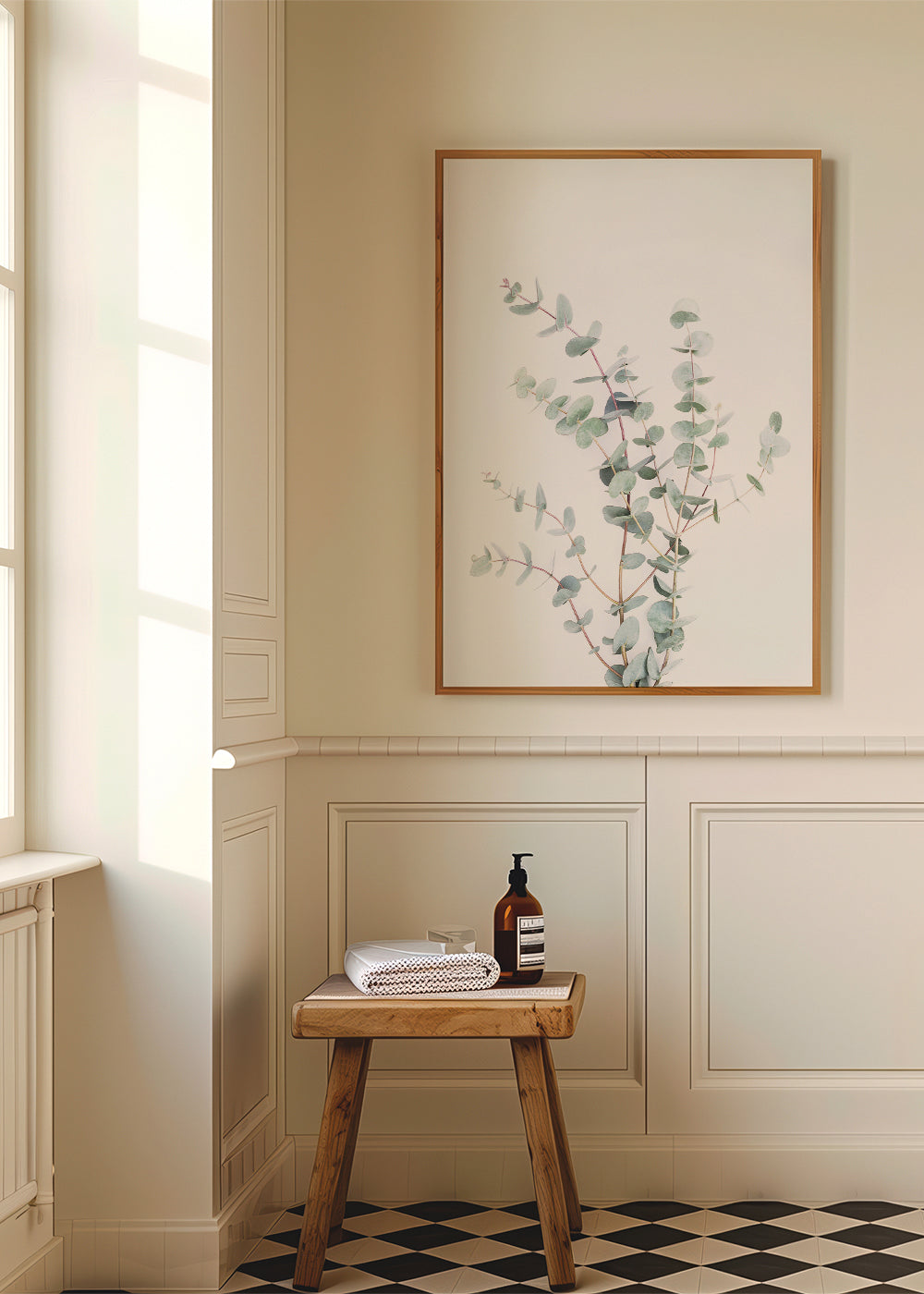 Botanisk poster: eukalyptusgren mot vit bakgrund