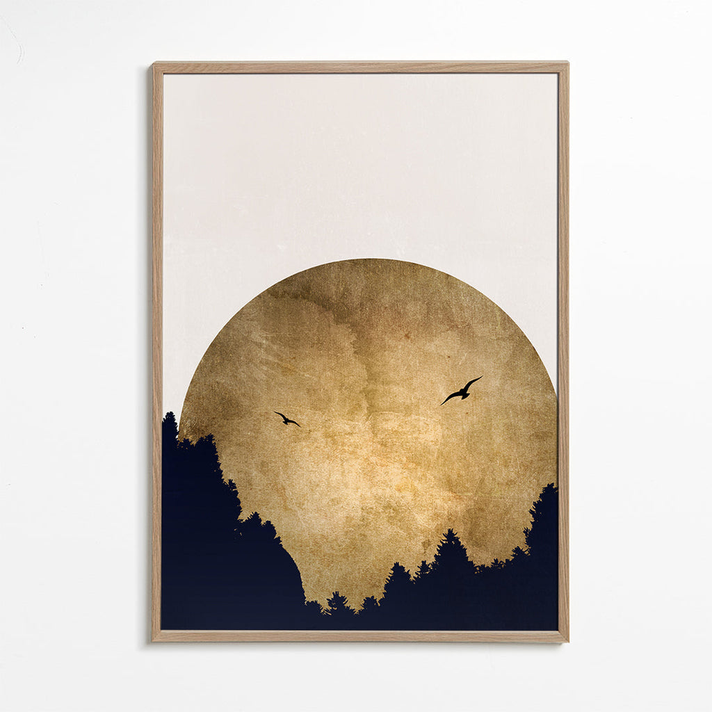 Landskap konst: gyllene sol med tall-silhuetter