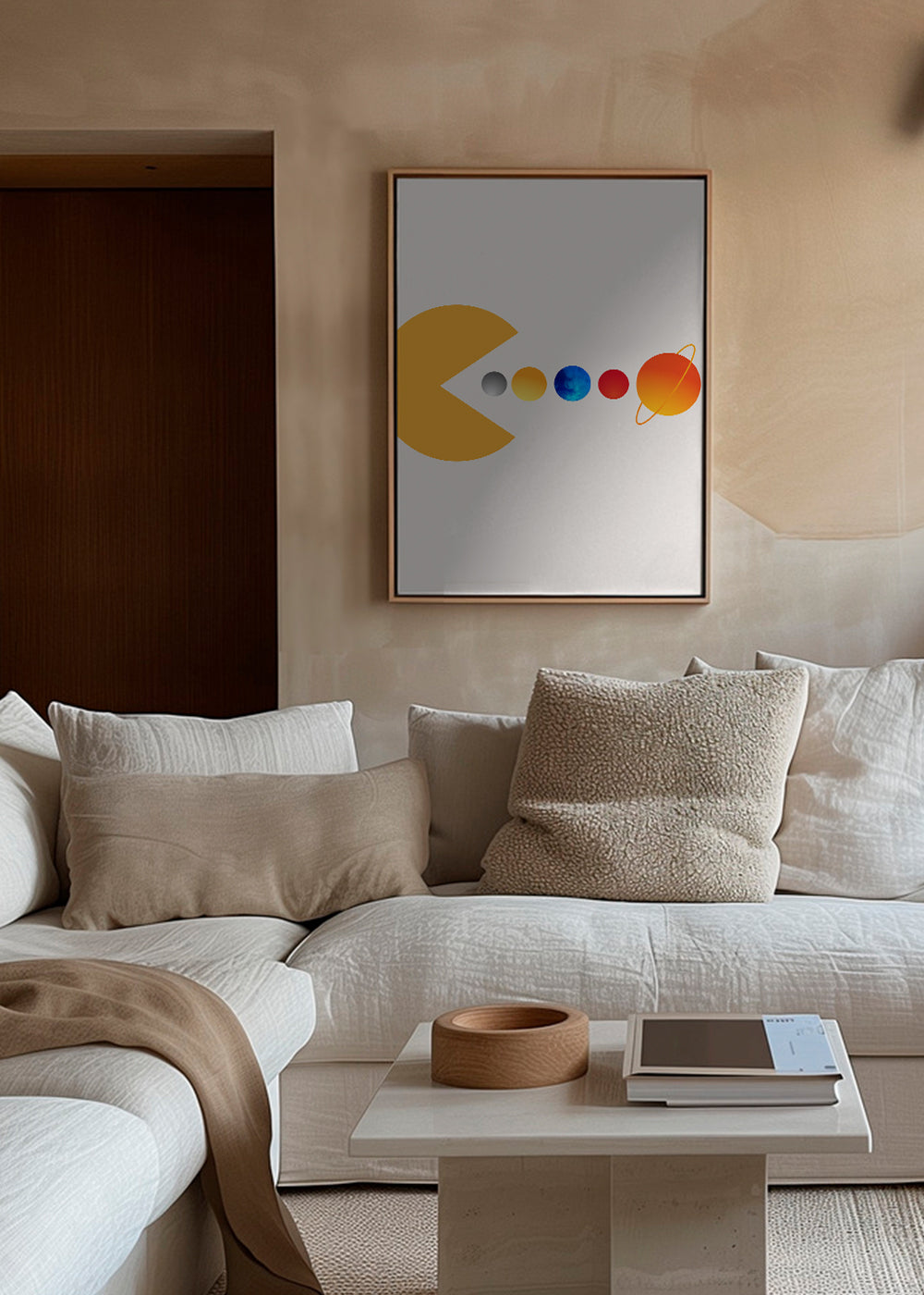 Rymdillustration Pac‑Man och planeter