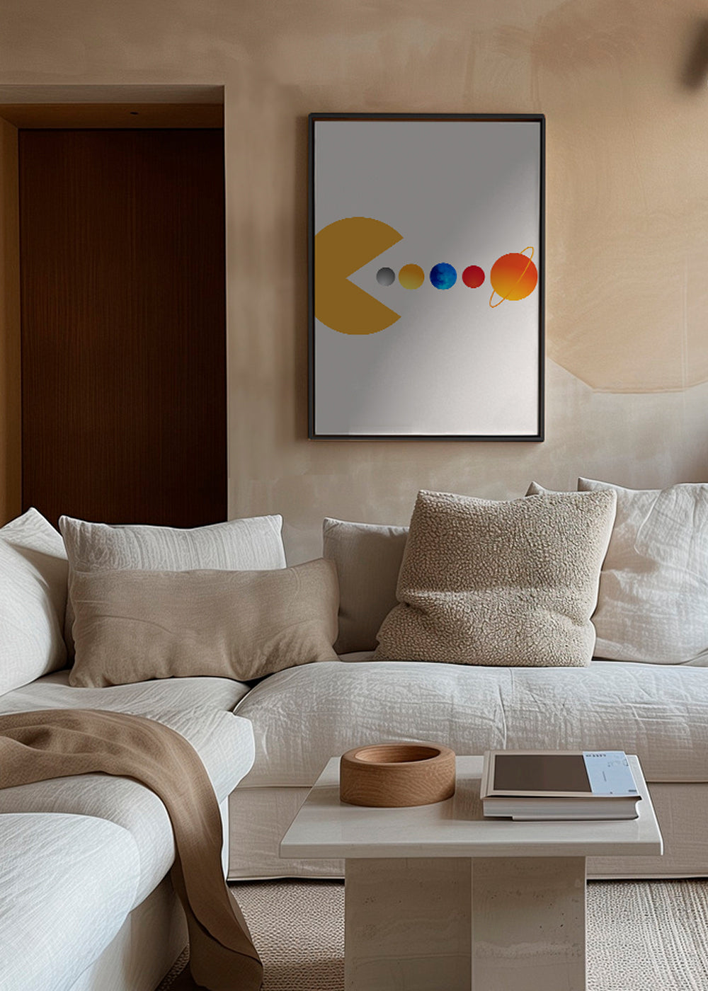 Rymdillustration Pac‑Man och planeter
