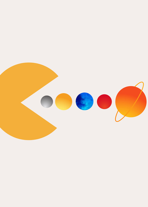 Rymdillustration Pac‑Man och planeter