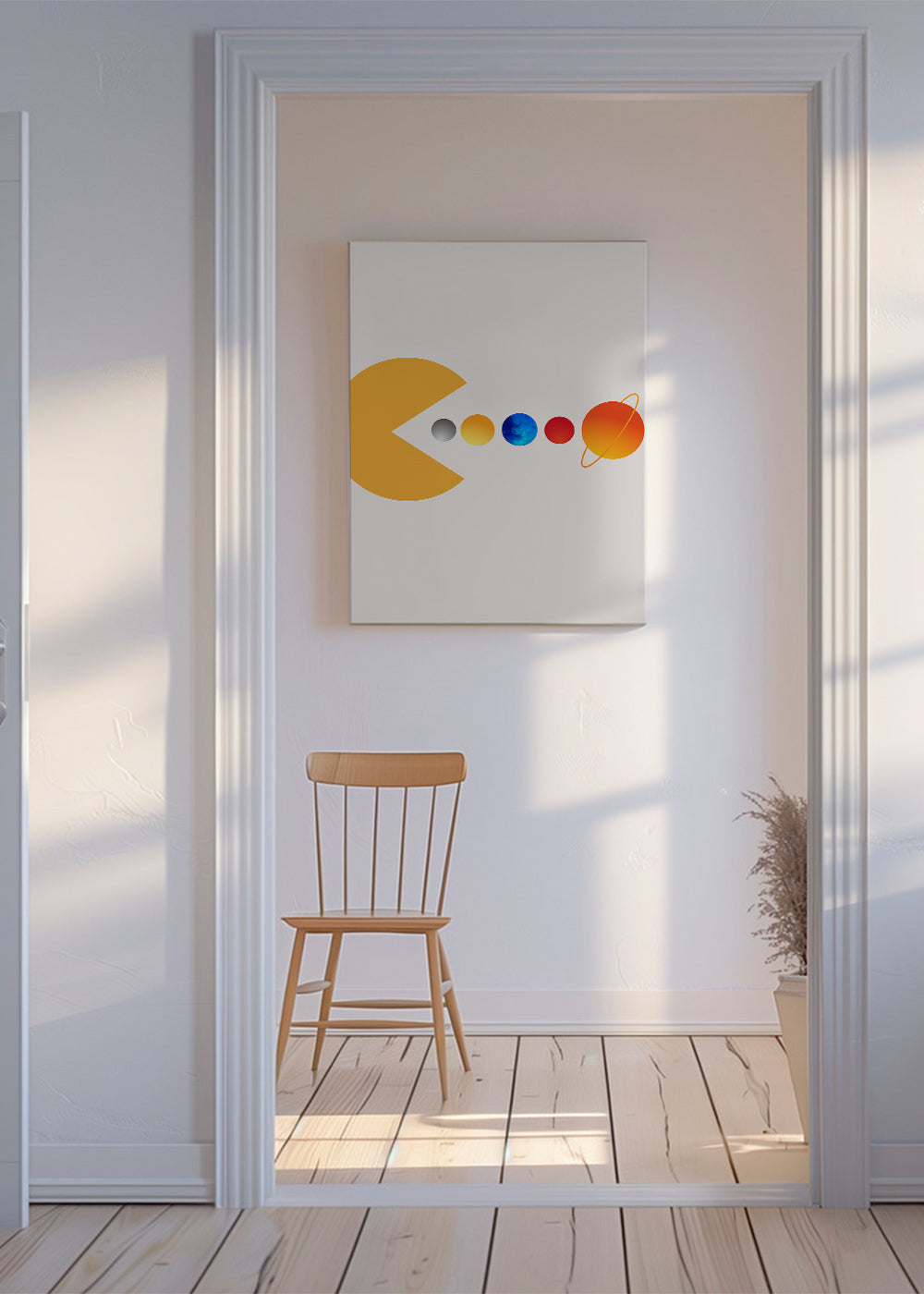 Rymdillustration Pac‑Man och planeter