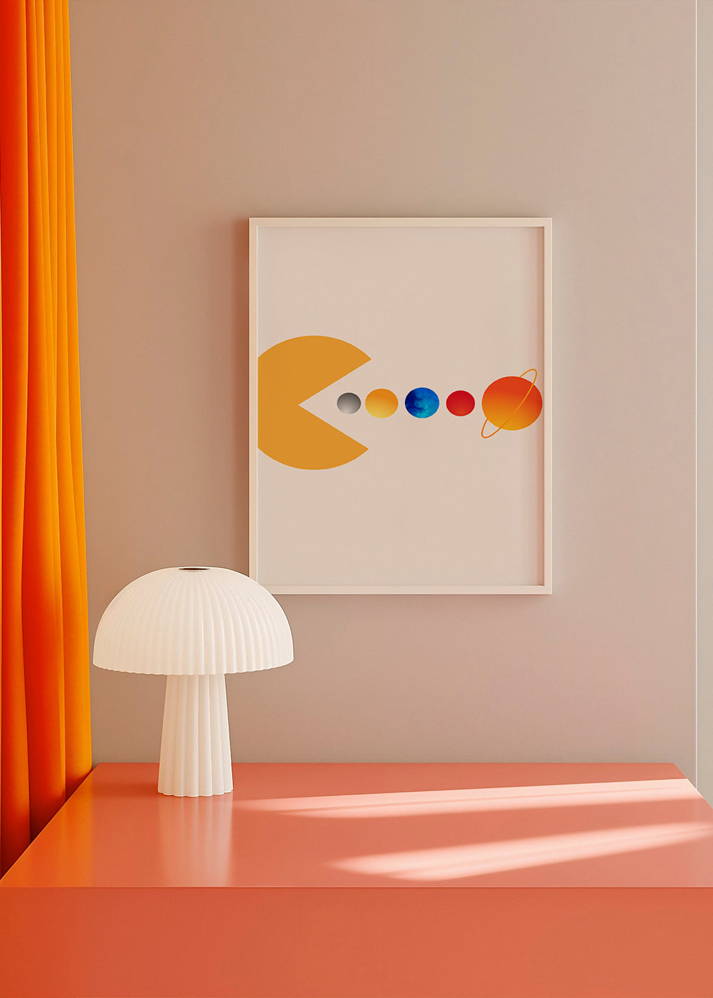 Rymdillustration Pac‑Man och planeter