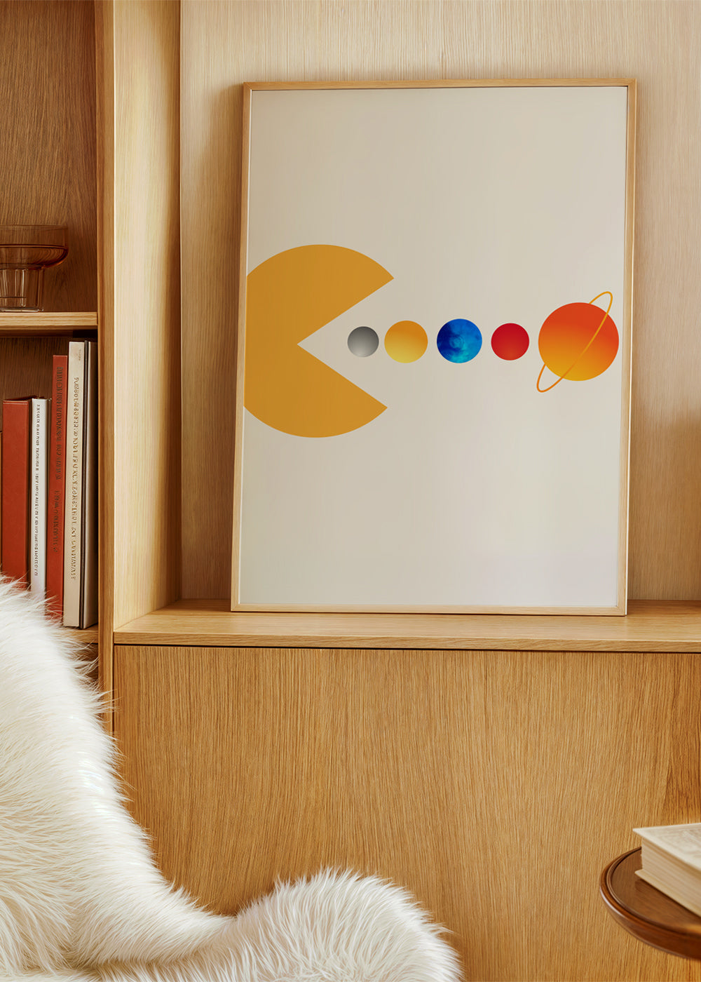 Rymdillustration Pac‑Man och planeter
