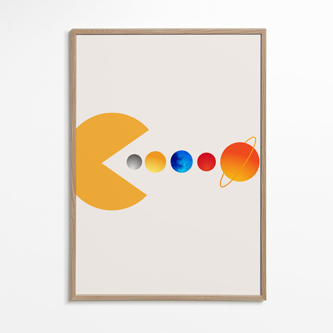 Rymdillustration Pac‑Man och planeter