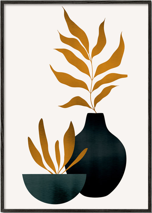 Botanisk poster med senapsfärgade blad och vas