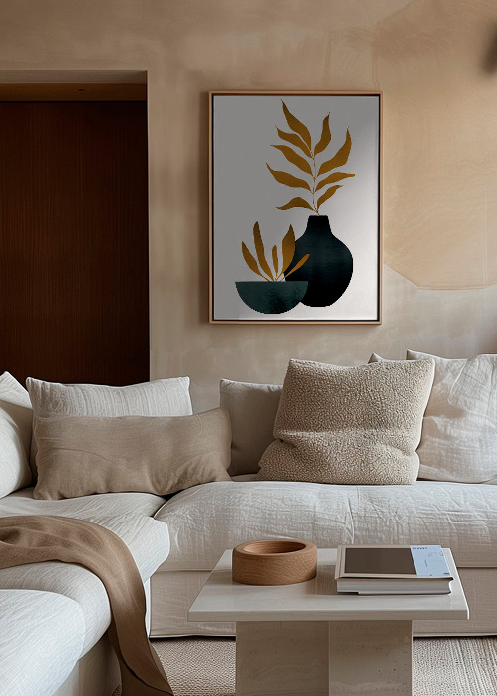 Botanisk poster med senapsfärgade blad och vas