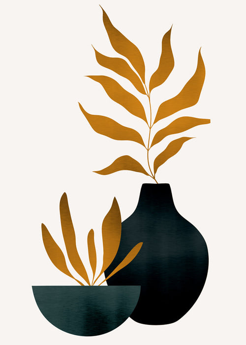 Botanisk poster med senapsfärgade blad och vas