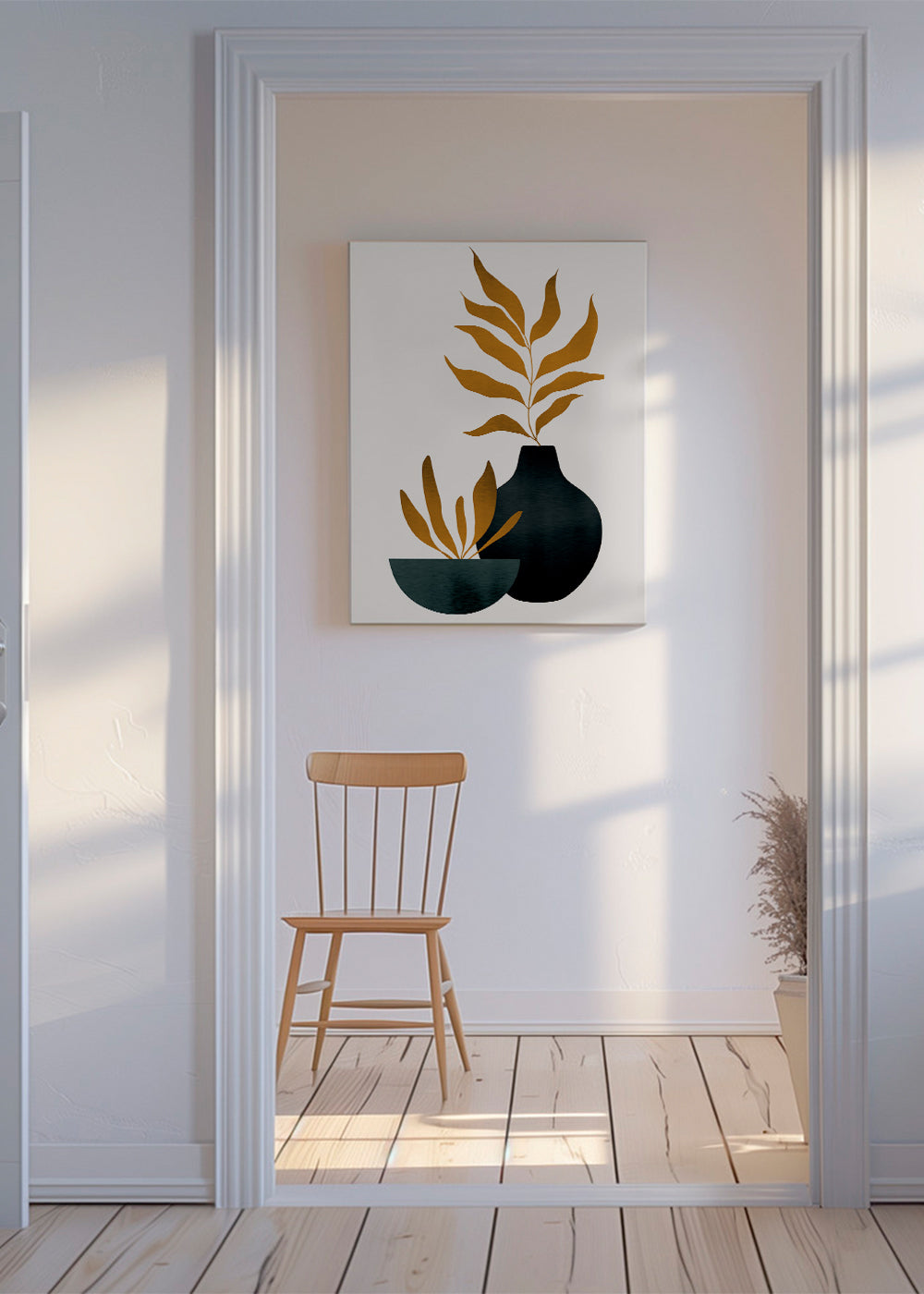 Botanisk poster med senapsfärgade blad och vas