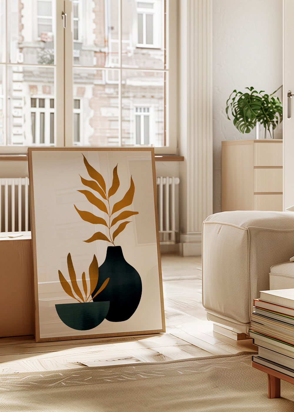 Botanisk poster med senapsfärgade blad och vas