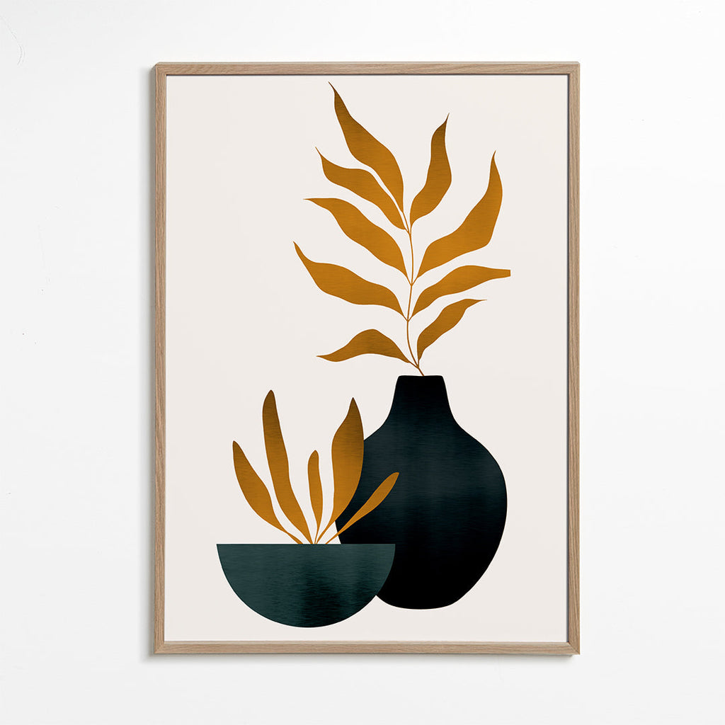 Botanisk poster med senapsfärgade blad och vas