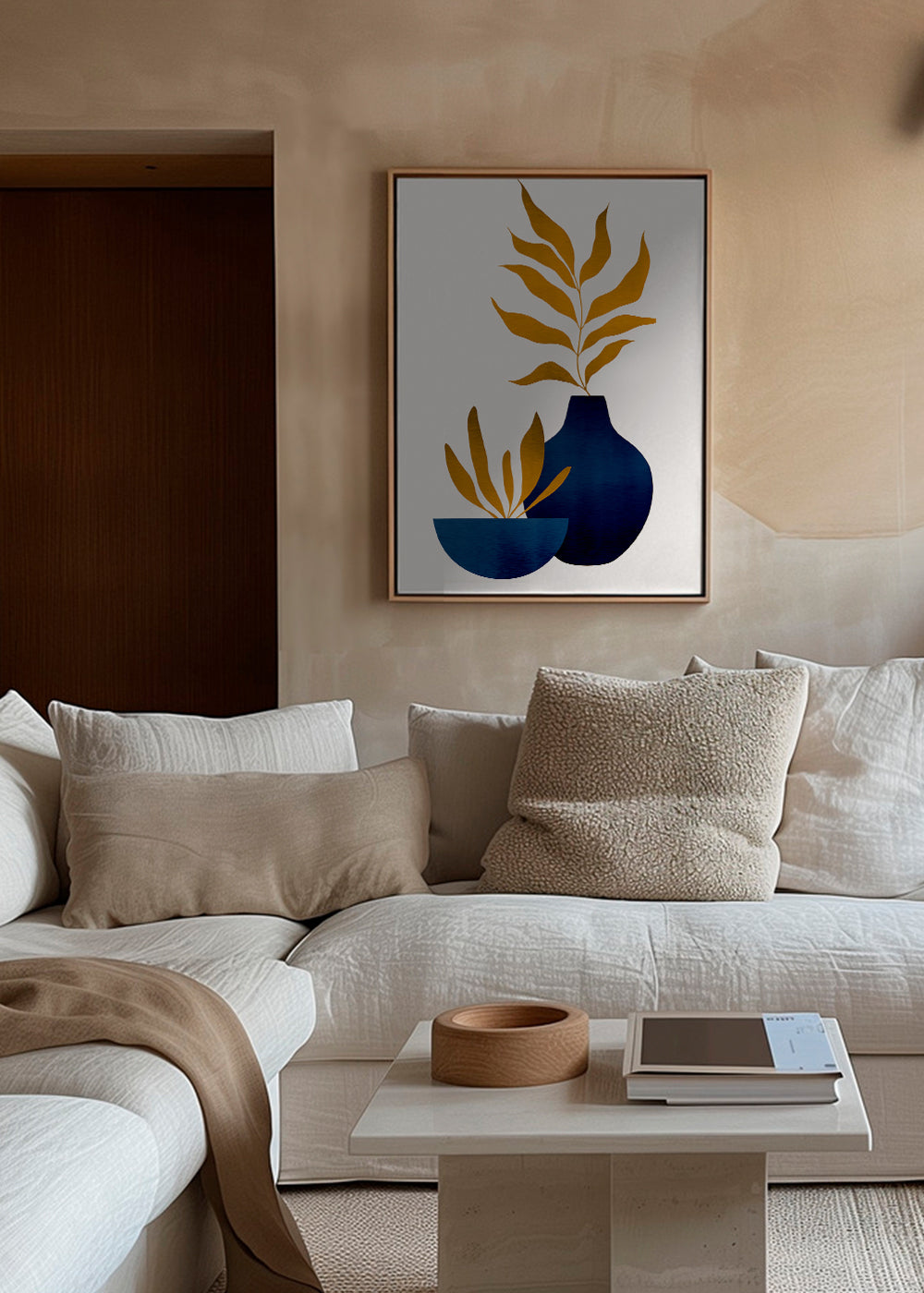 Botanisk poster gyllene blad och blå vas