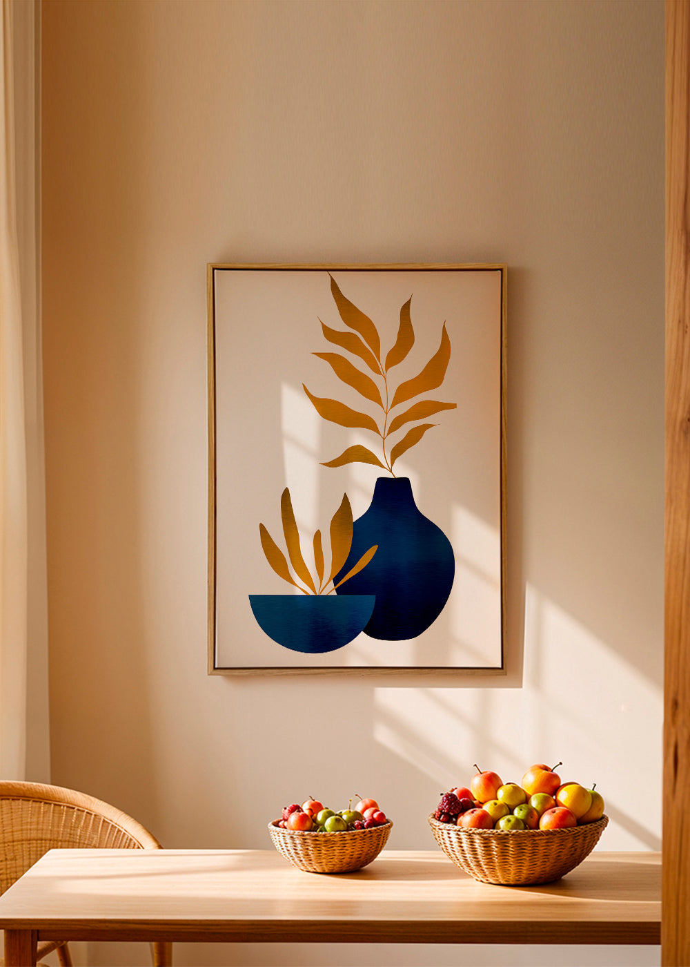 Botanisk poster gyllene blad och blå vas