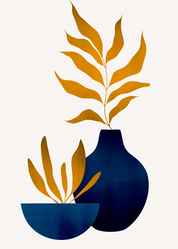 Botanisk poster gyllene blad och blå vas