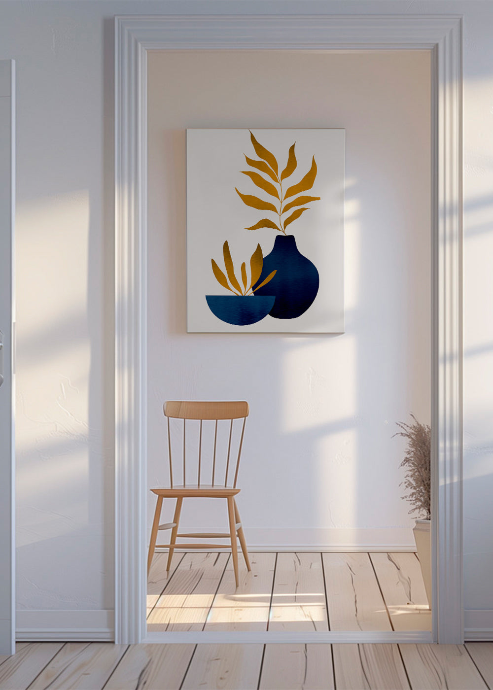 Botanisk poster gyllene blad och blå vas