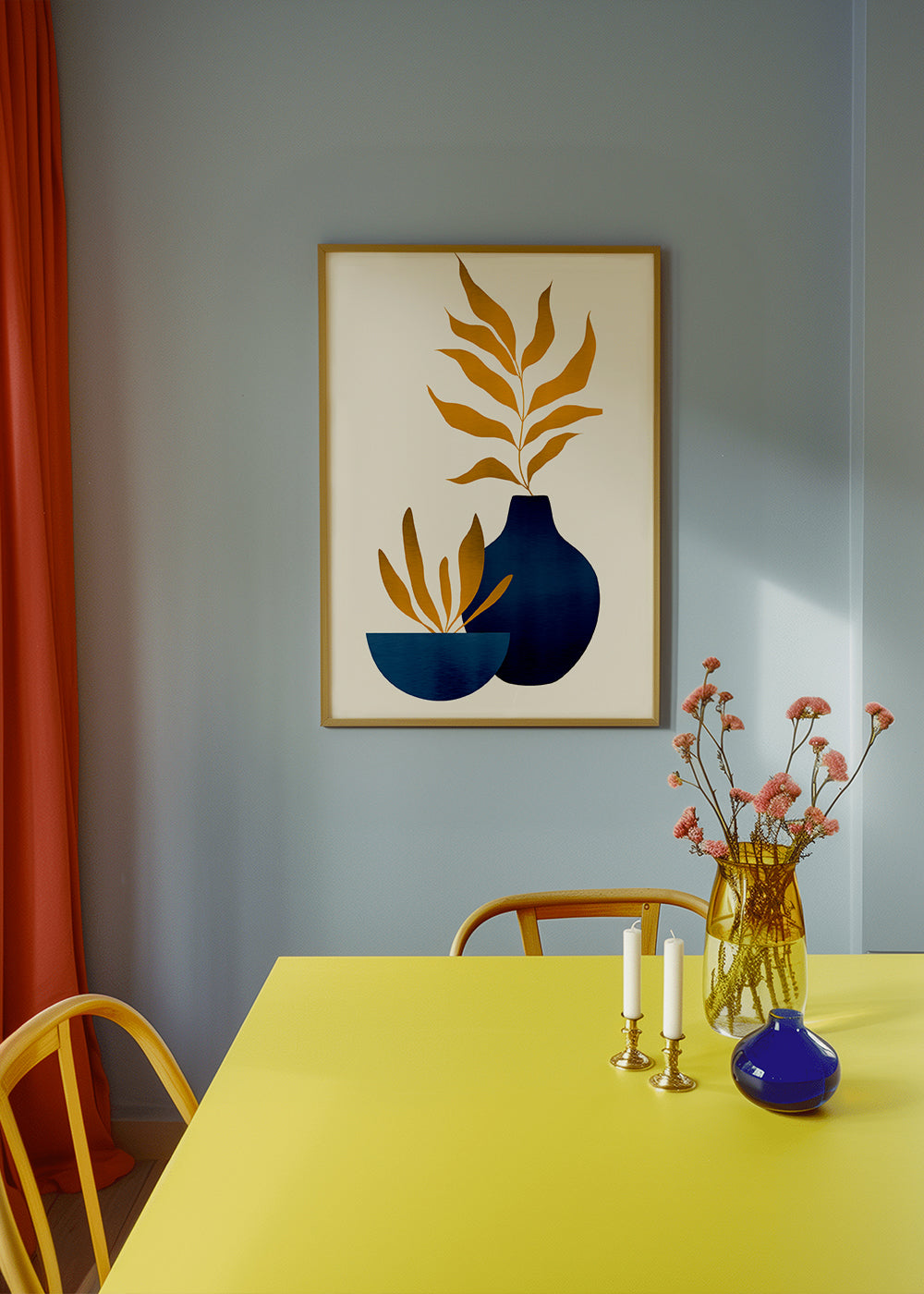 Botanisk poster gyllene blad och blå vas