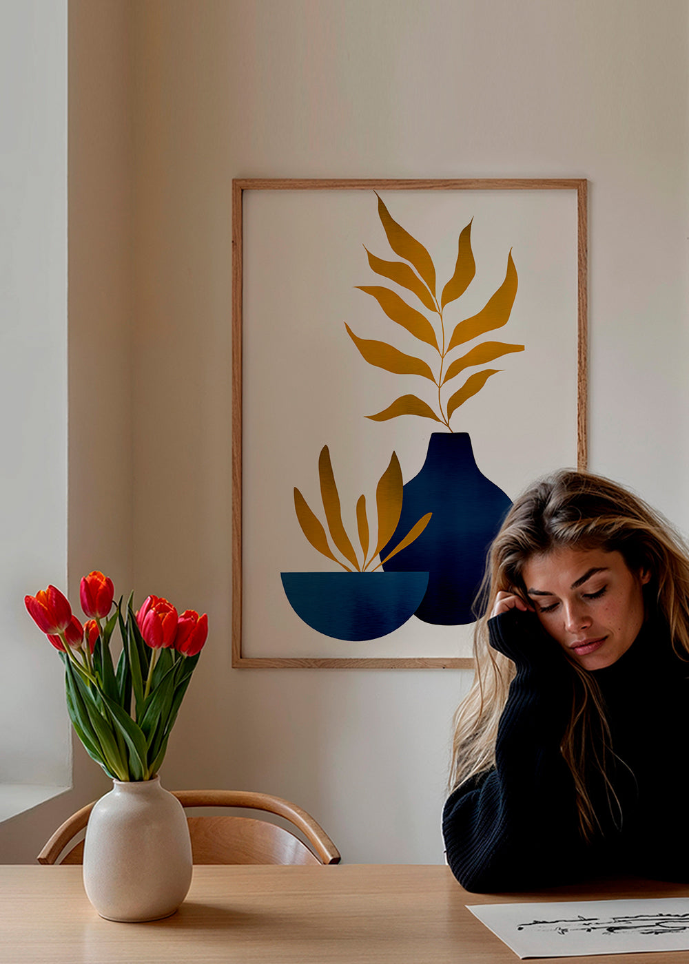 Botanisk poster gyllene blad och blå vas