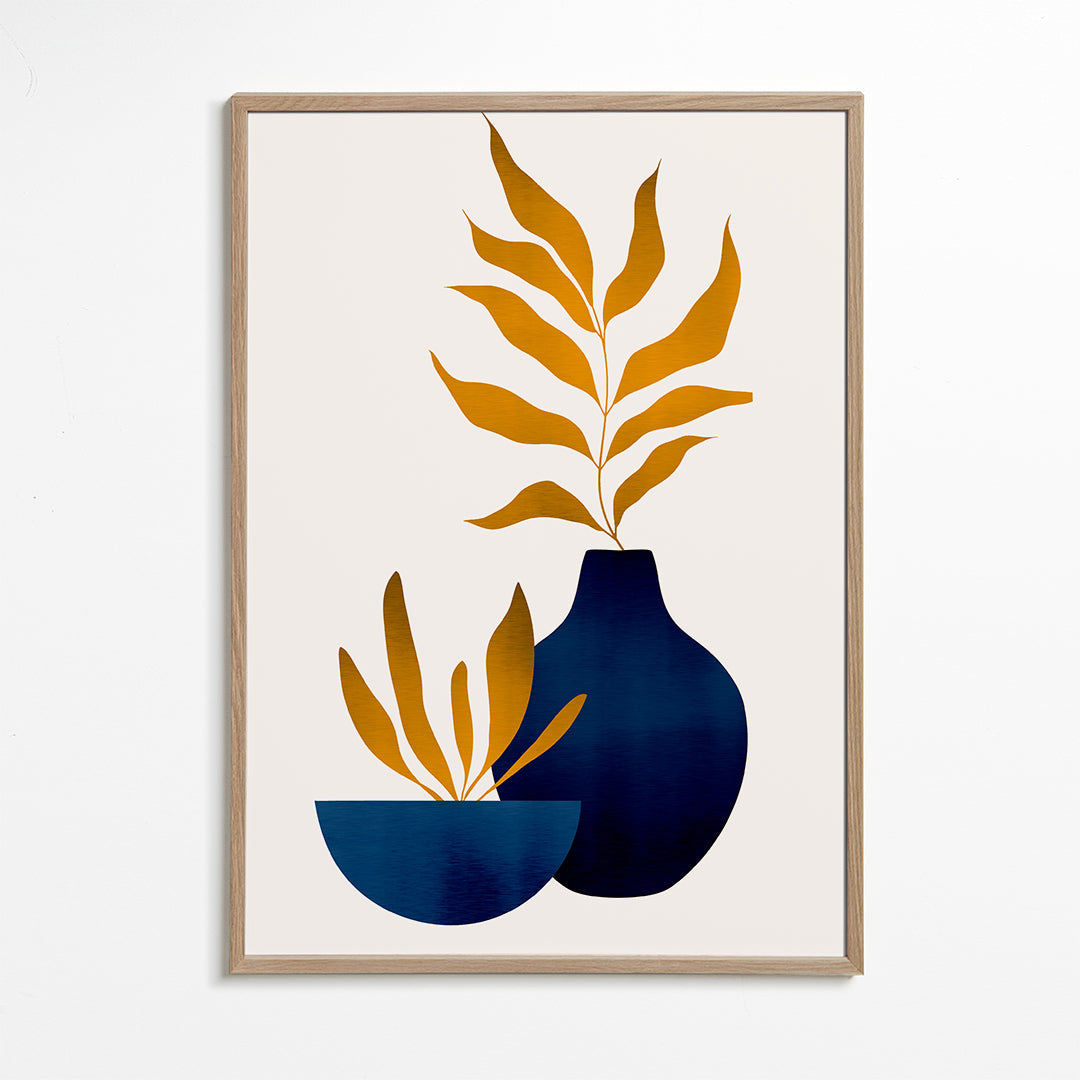 Botanisk poster gyllene blad och blå vas