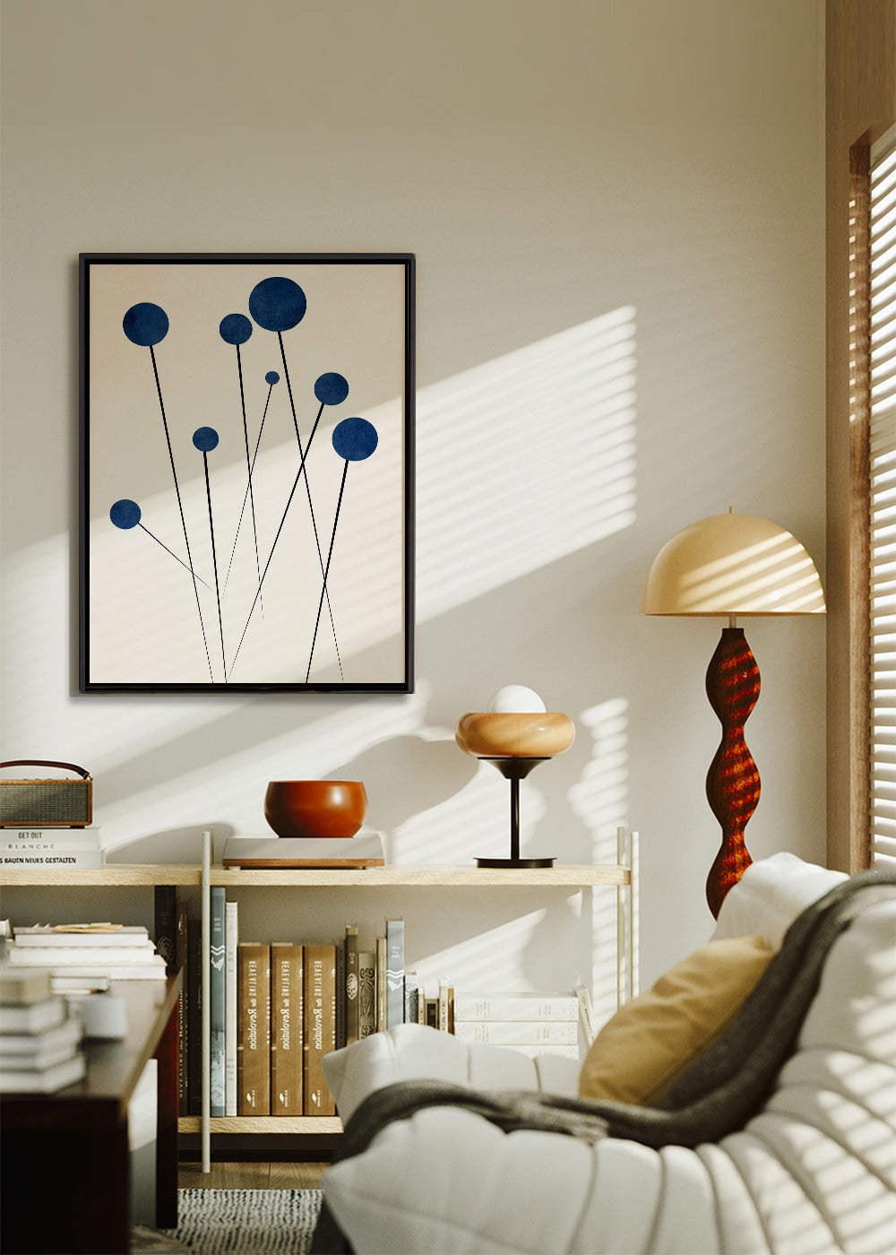 Botanisk poster med blå kulor och tunna stjälkar