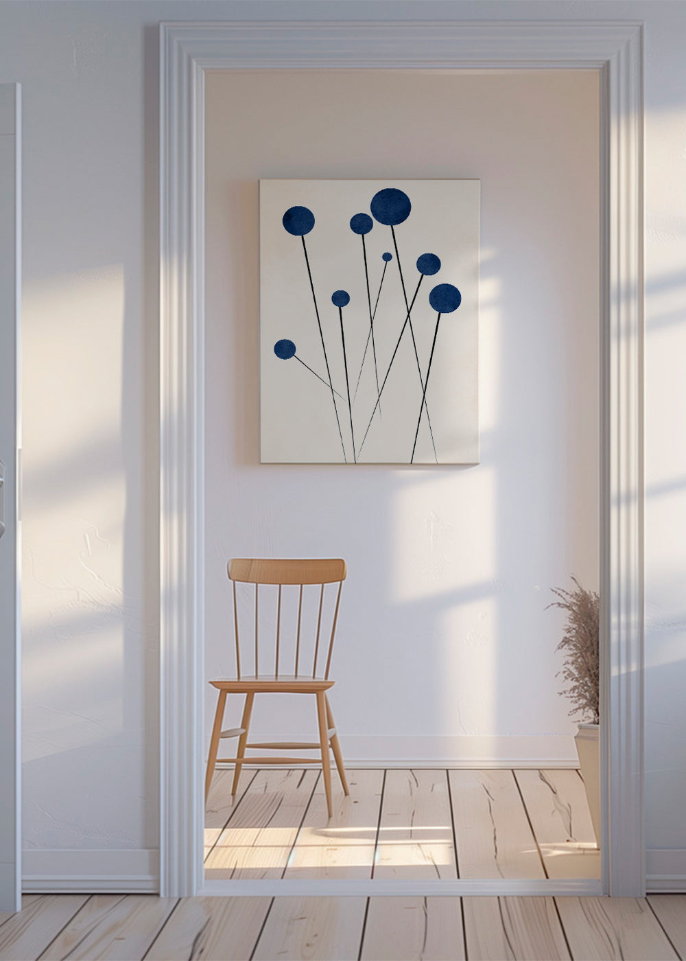 Botanisk poster med blå kulor och tunna stjälkar