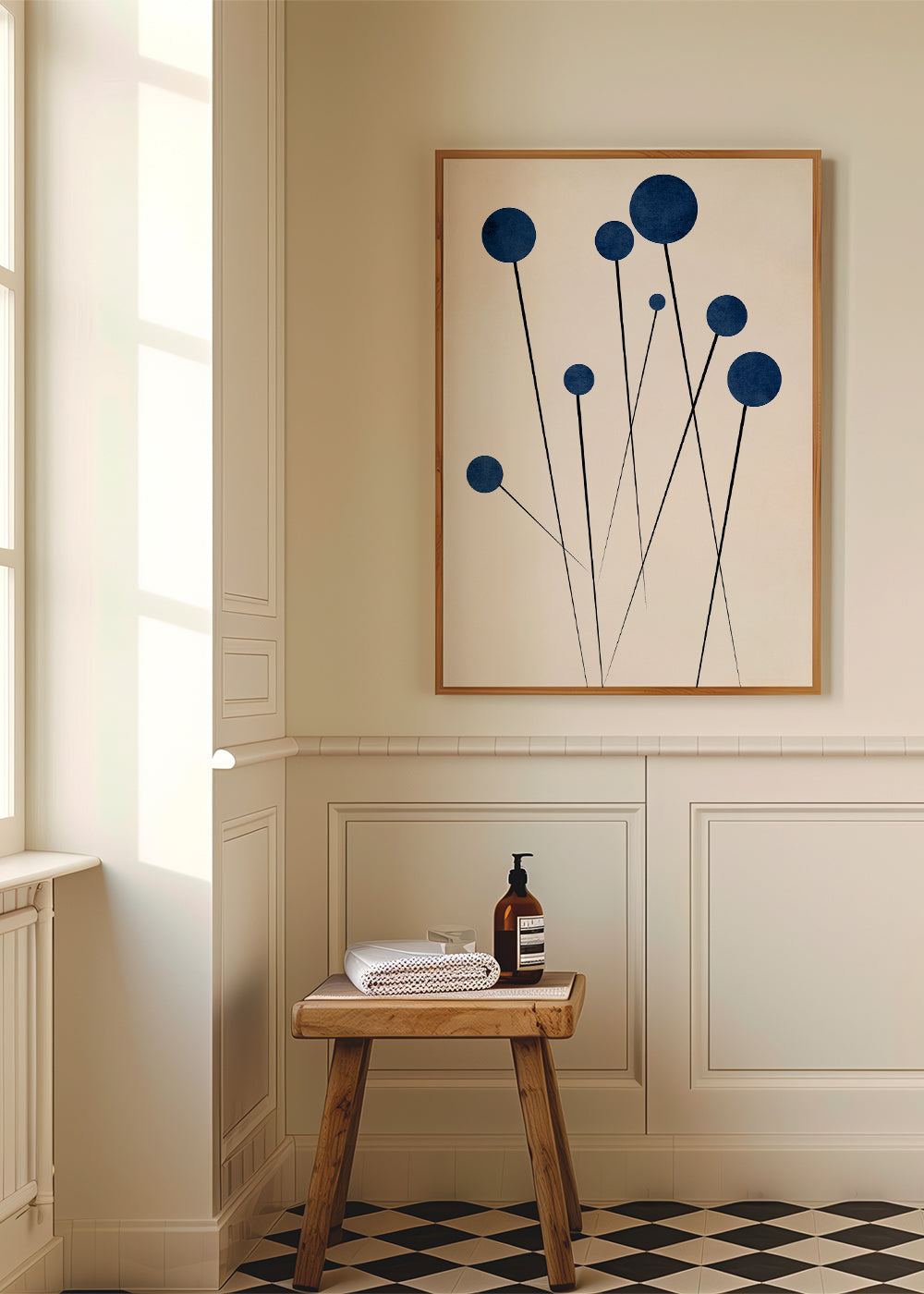 Botanisk poster med blå kulor och tunna stjälkar