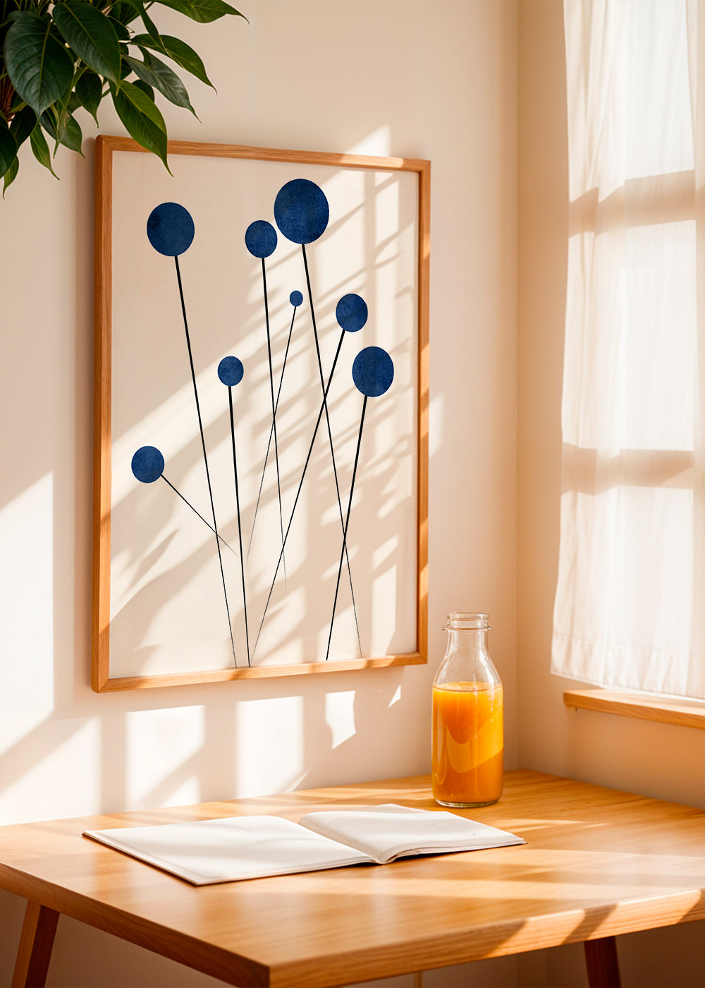 Botanisk poster med blå kulor och tunna stjälkar