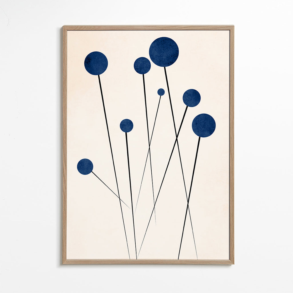 Botanisk poster med blå kulor och tunna stjälkar