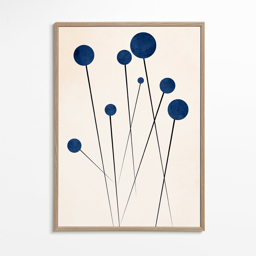 Botanisk poster med blå kulor och tunna stjälkar