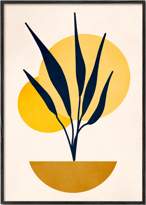 Botanisk poster med blå blad och solcirklar