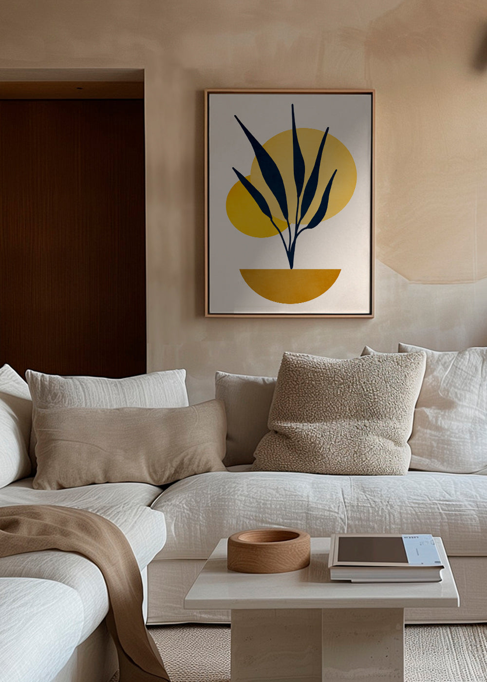 Botanisk poster med blå blad och solcirklar