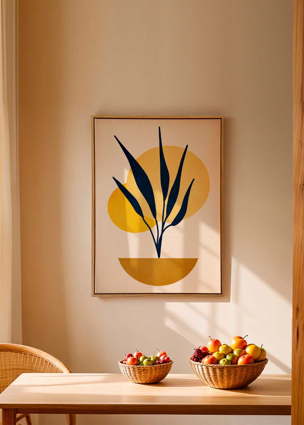 Botanisk poster med blå blad och solcirklar