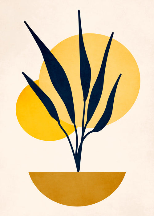 Botanisk poster med blå blad och solcirklar