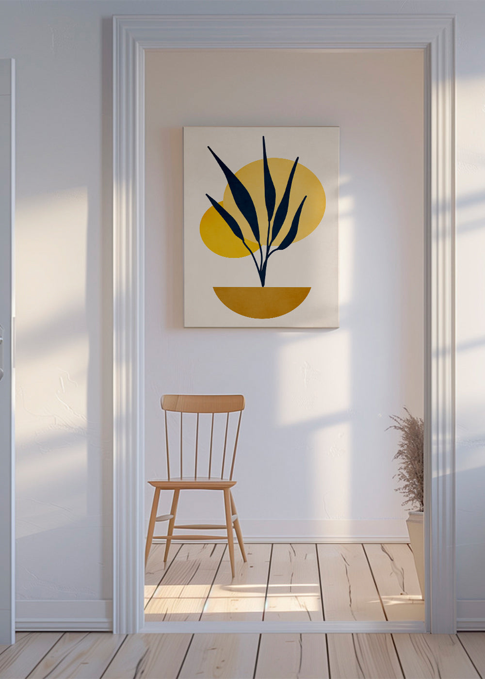 Botanisk poster med blå blad och solcirklar