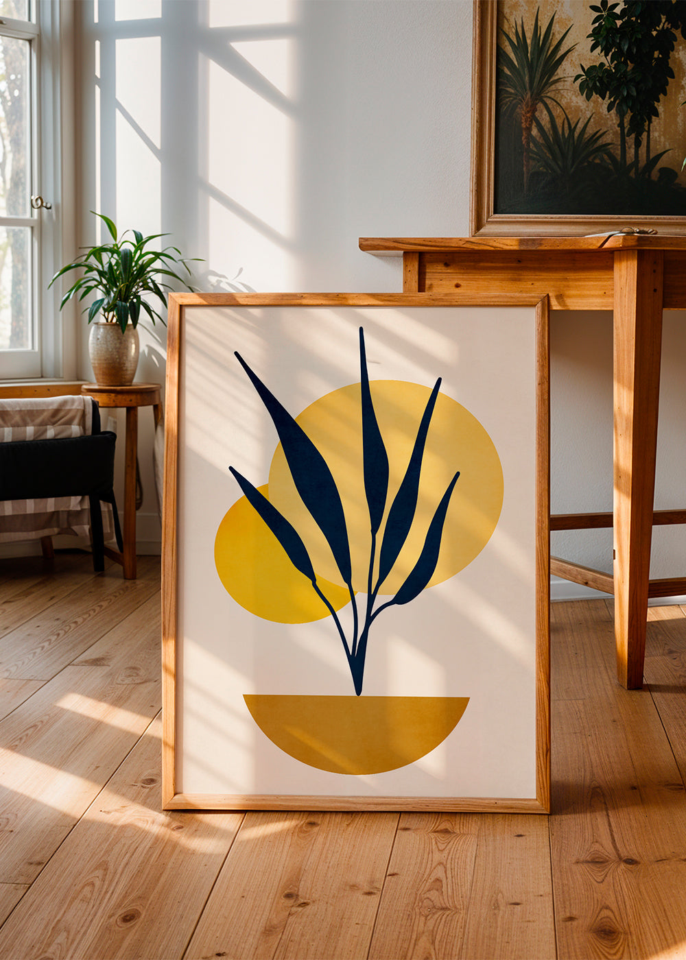 Botanisk poster med blå blad och solcirklar