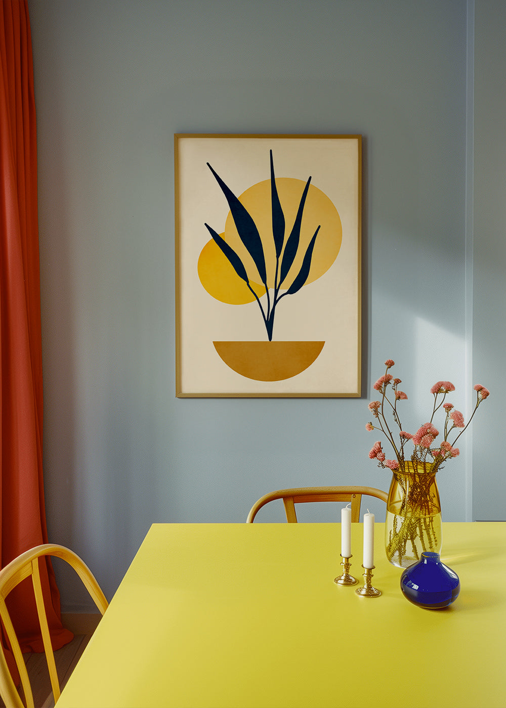 Botanisk poster med blå blad och solcirklar