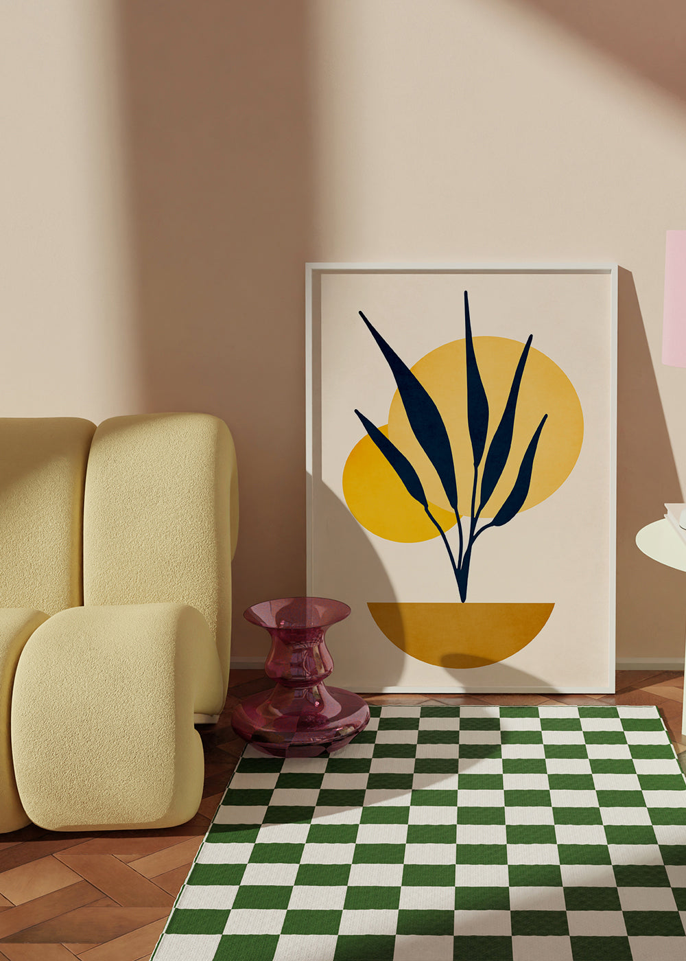 Botanisk poster med blå blad och solcirklar