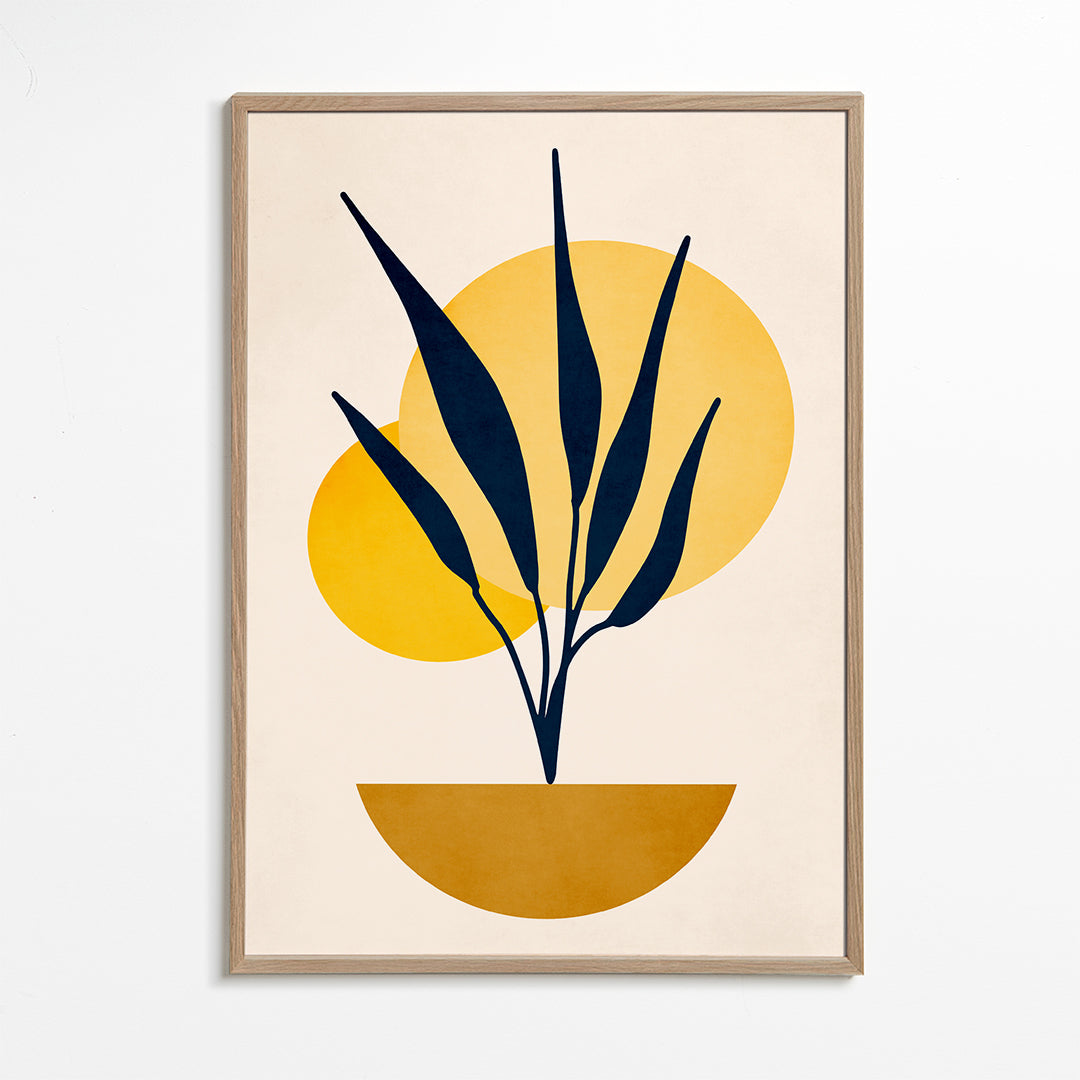 Botanisk poster med blå blad och solcirklar