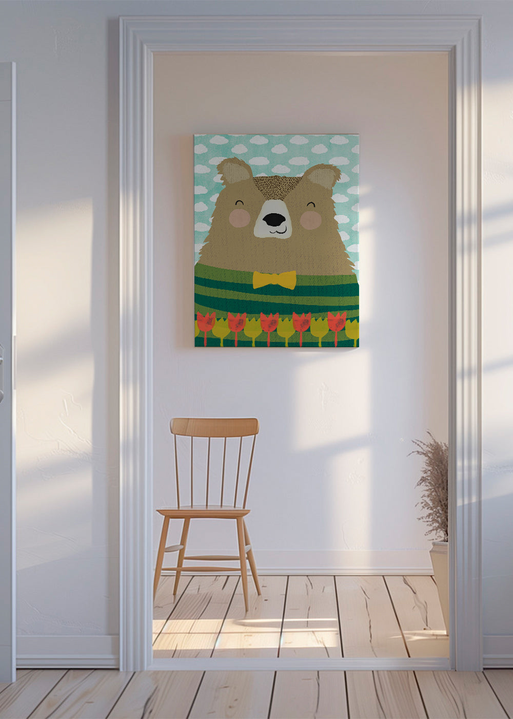 Barnposter leende björn med tulpaner