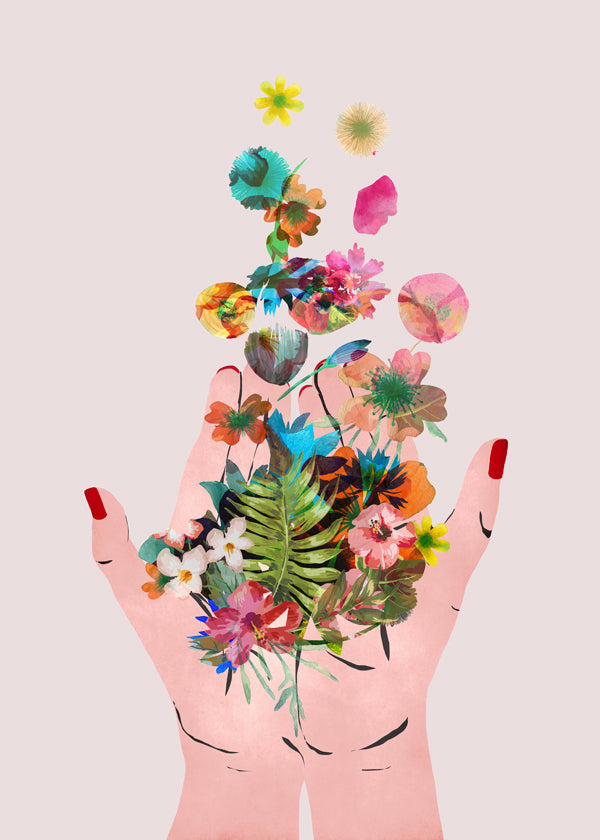 Botanisk print händer och blommor collage