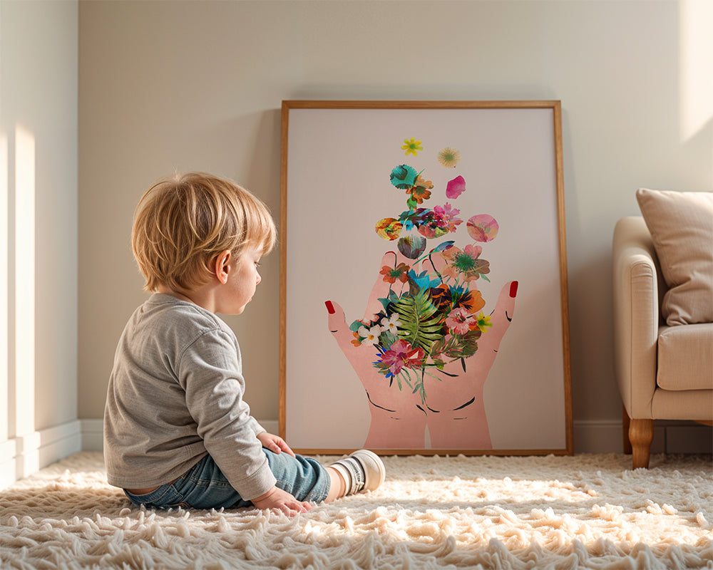 Botanisk print händer och blommor collage