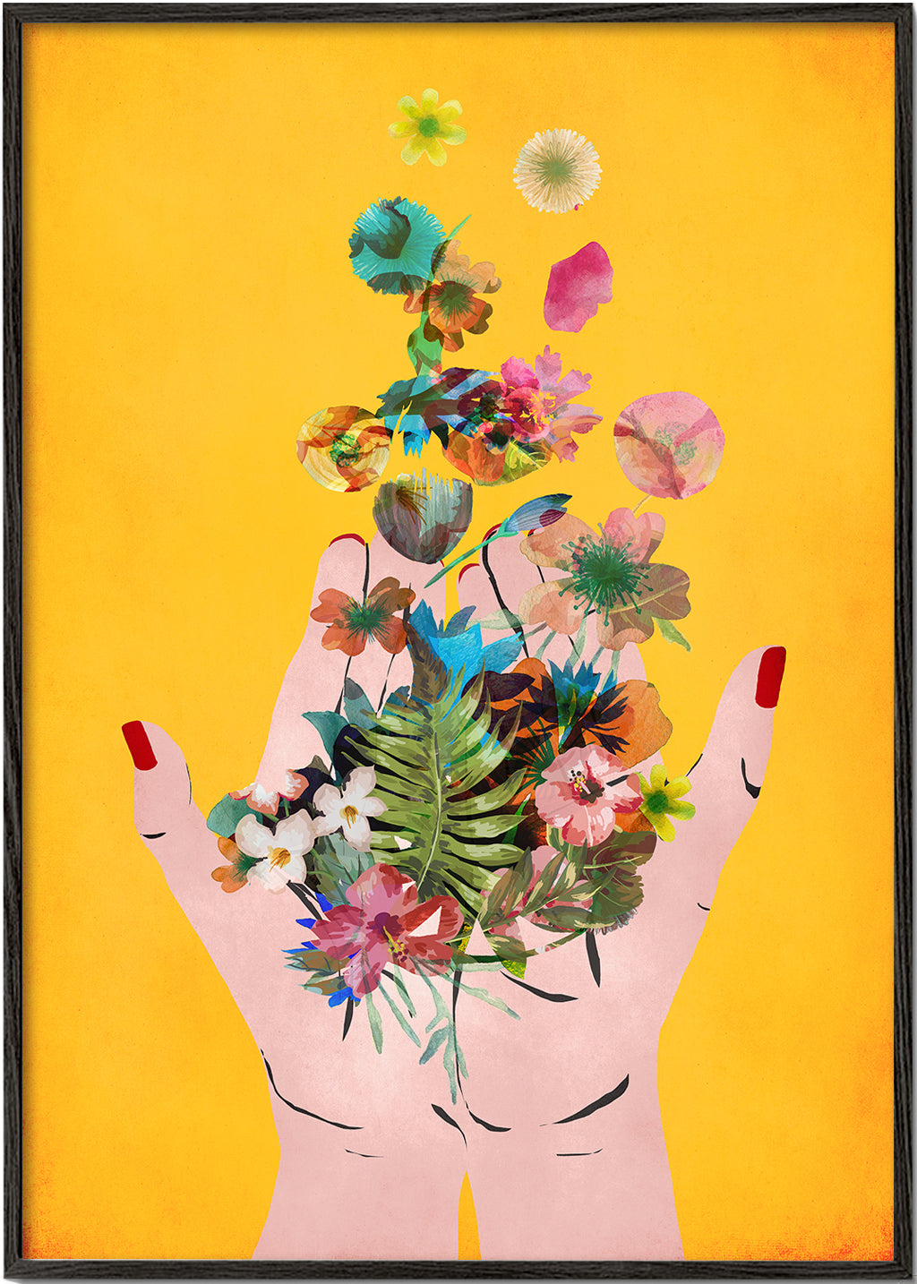 Botanisk poster händer med blommor på gul bakgrund