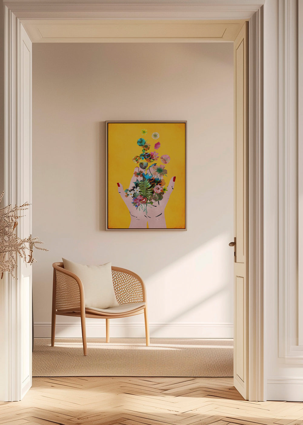 Botanisk poster händer med blommor på gul bakgrund