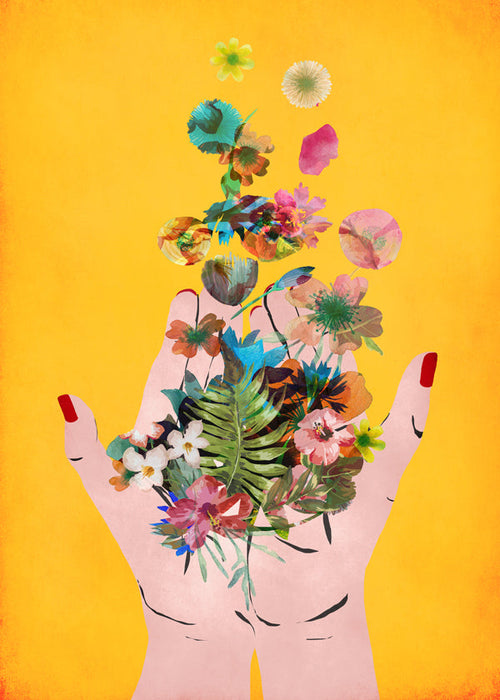 Botanisk poster händer med blommor på gul bakgrund