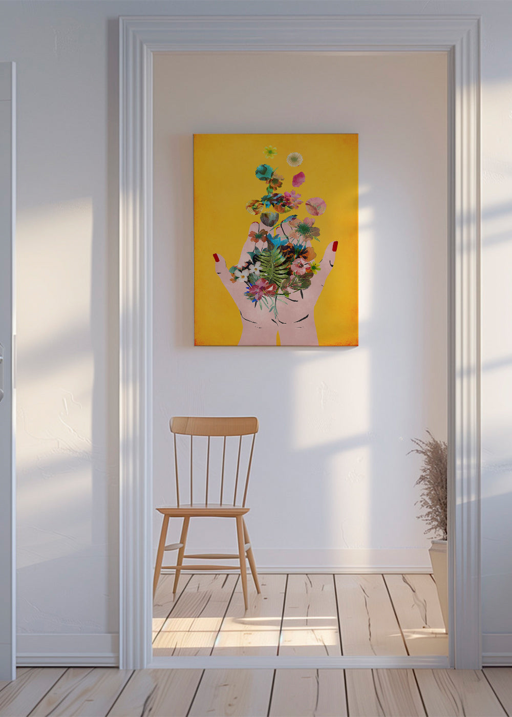 Botanisk poster händer med blommor på gul bakgrund