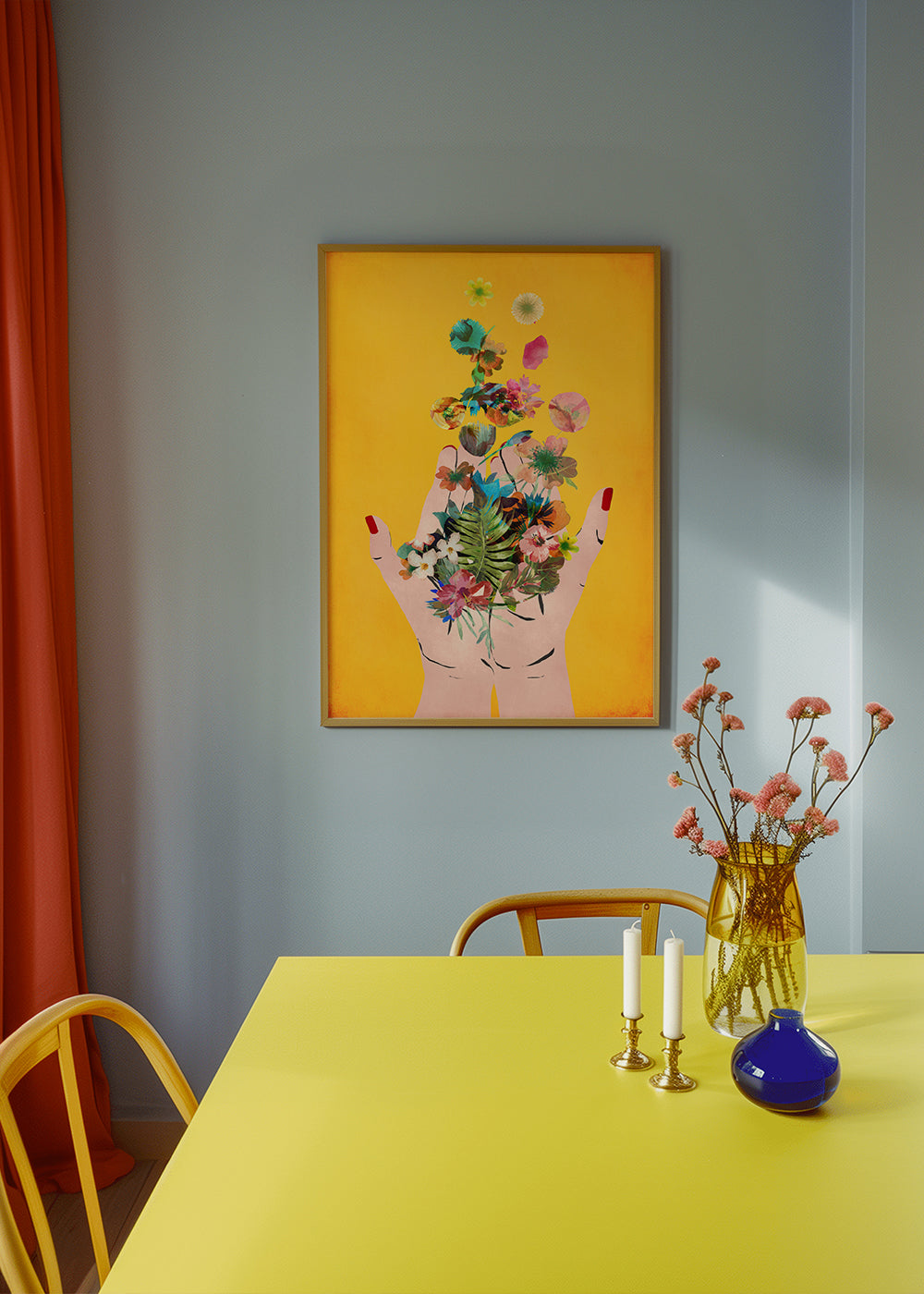 Botanisk poster händer med blommor på gul bakgrund