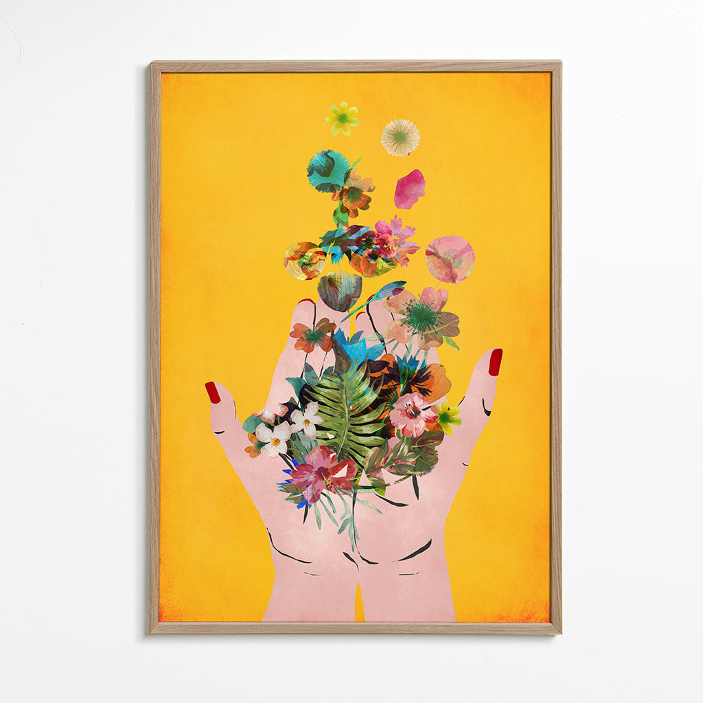 Botanisk poster händer med blommor på gul bakgrund